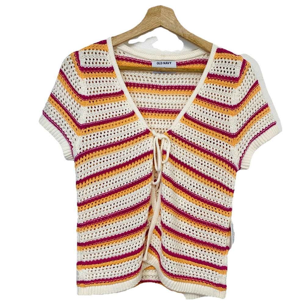 Old Navy Colorful Loose Knit Sweater Woman XS Tie Cap Sleeve Textured Casual New